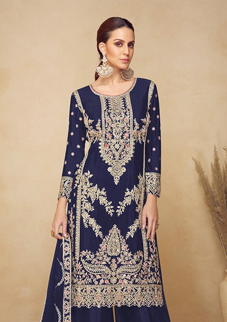 Blue Embroidered Viscose Kurta Set - Indya