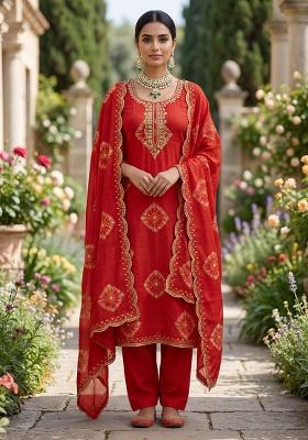 Red Khatli Work Model Kurta Set