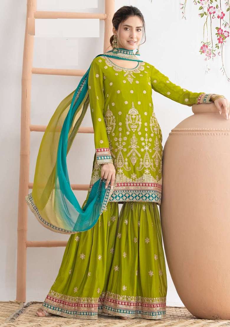 Yellow Embroidered Chinon Sharara Set - Indya