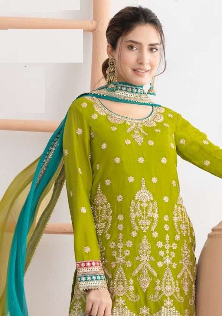Yellow Embroidered Chinon Sharara Set - Indya