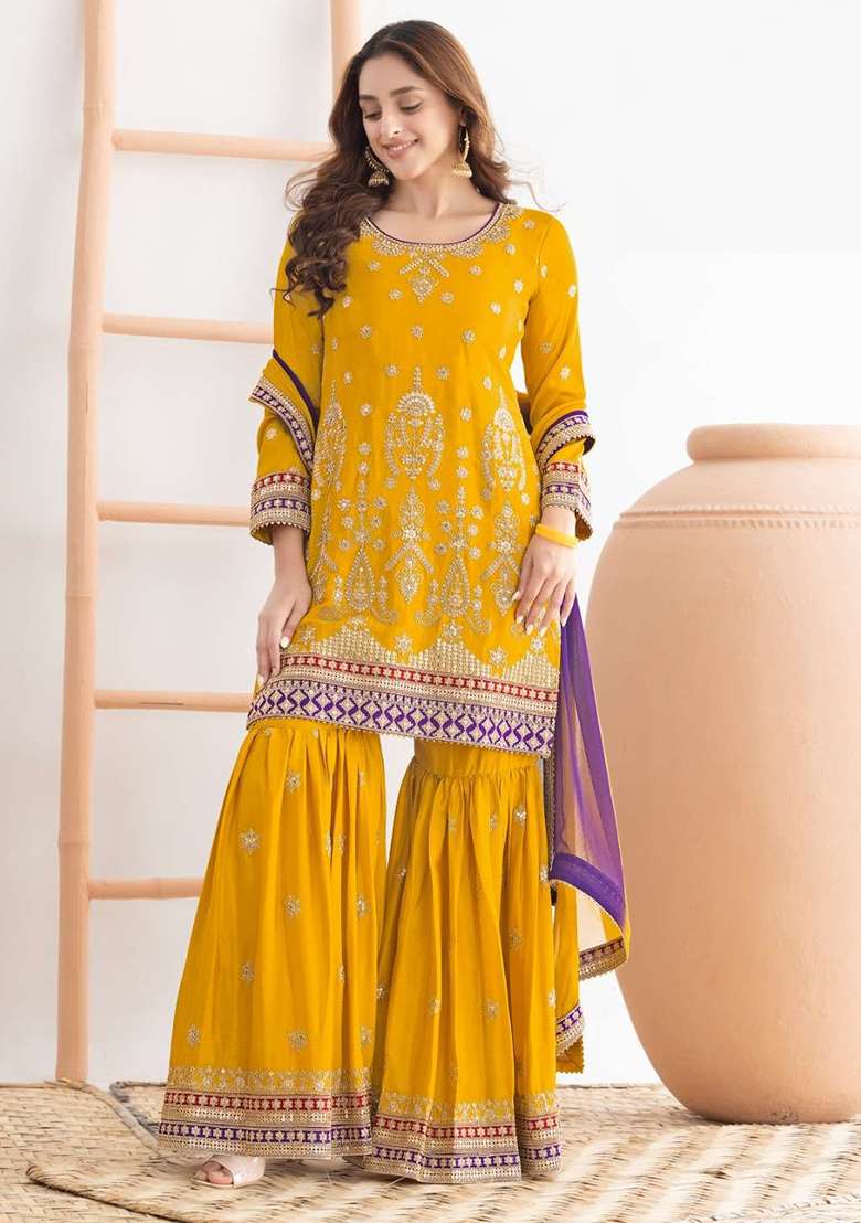 Green Embroidered Chinon Sharara Set - Indya