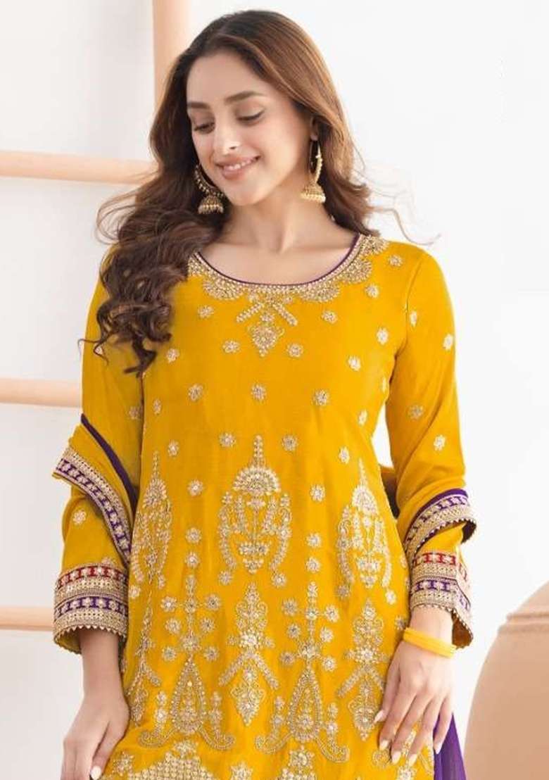 Green Embroidered Chinon Sharara Set - Indya