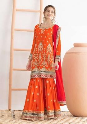 Orange Embroidery Chinon Kurta Set