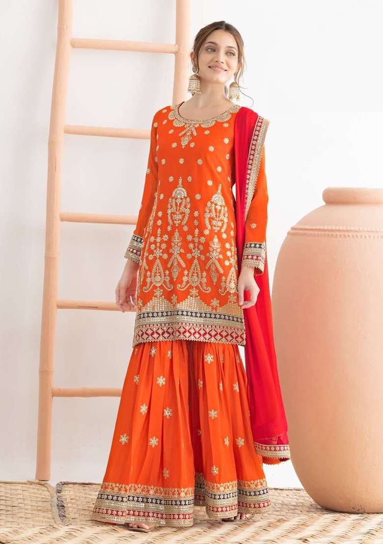 Orange Embroidered Chinon Sharara Set - Indya