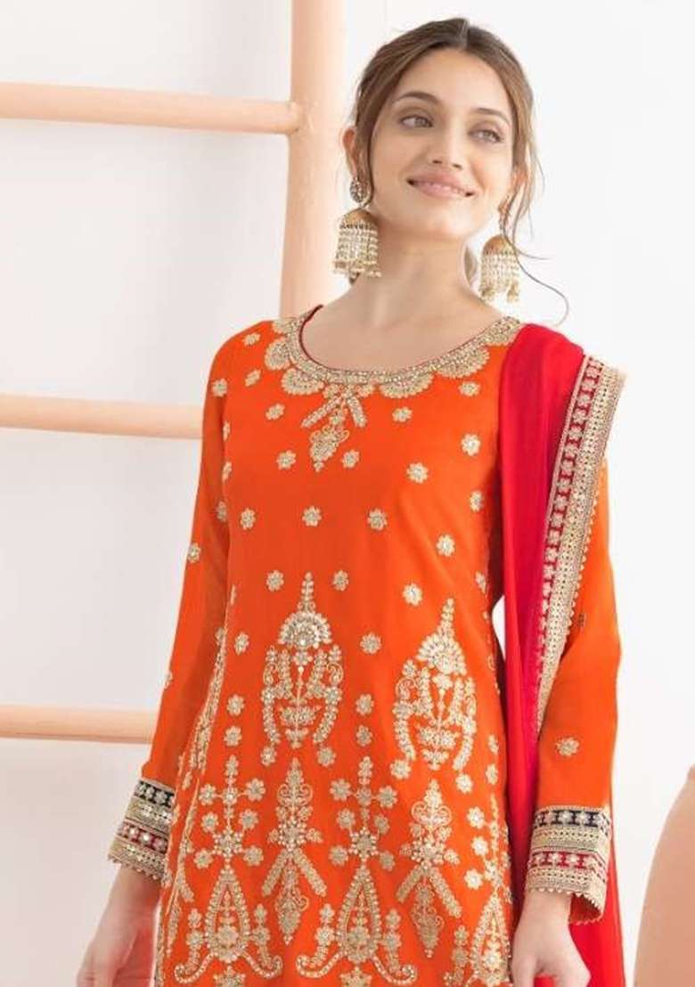 Orange Embroidered Chinon Sharara Set - Indya