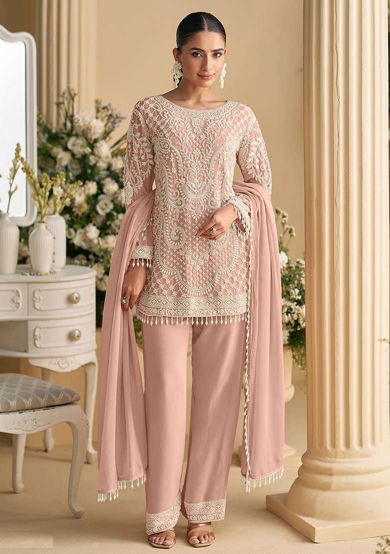 Pink Embroidered Georgette Pakistani Suit Set - Indya