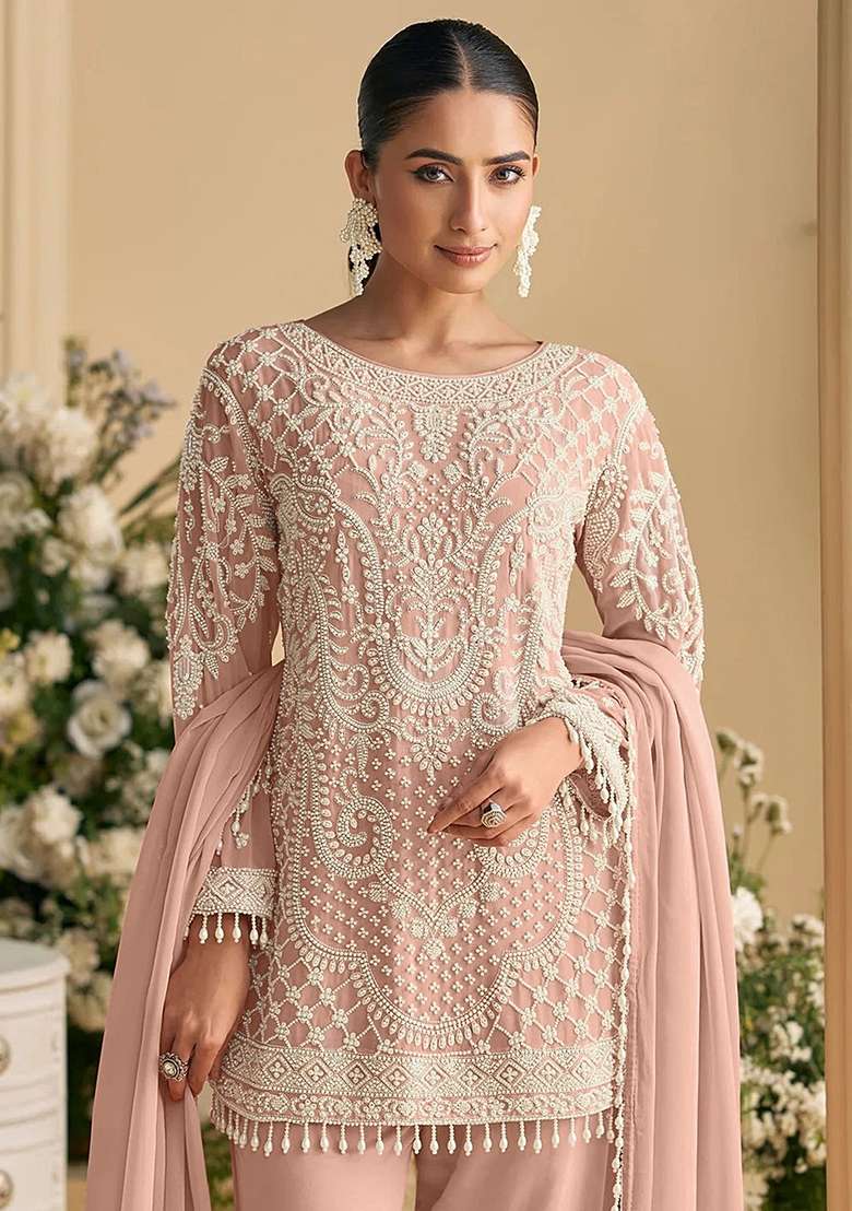 Pink Embroidered Georgette Pakistani Suit Set - Indya