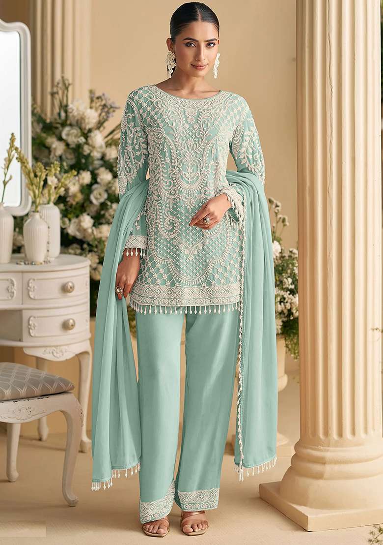 Green Embroidered Georgette Pakistani Suit Set - Indya