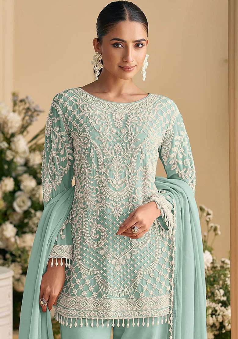 Green Embroidered Georgette Pakistani Suit Set - Indya