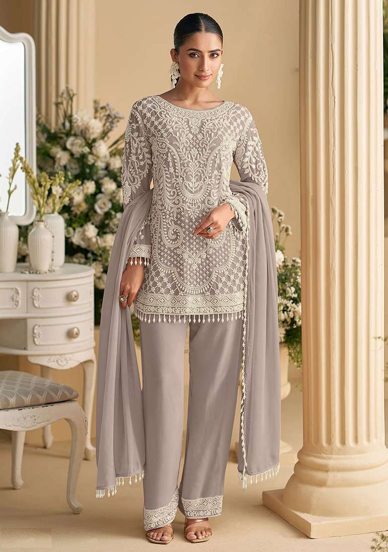 Grey Embroidered Georgette Pakistani Suit Set - Indya