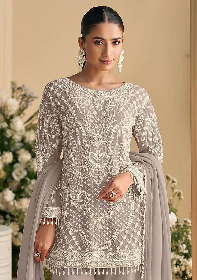 Grey Embroidered Georgette Pakistani Suit Set - Indya
