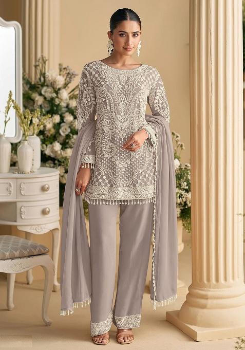 Grey Embroidery Georgette Kurta Set