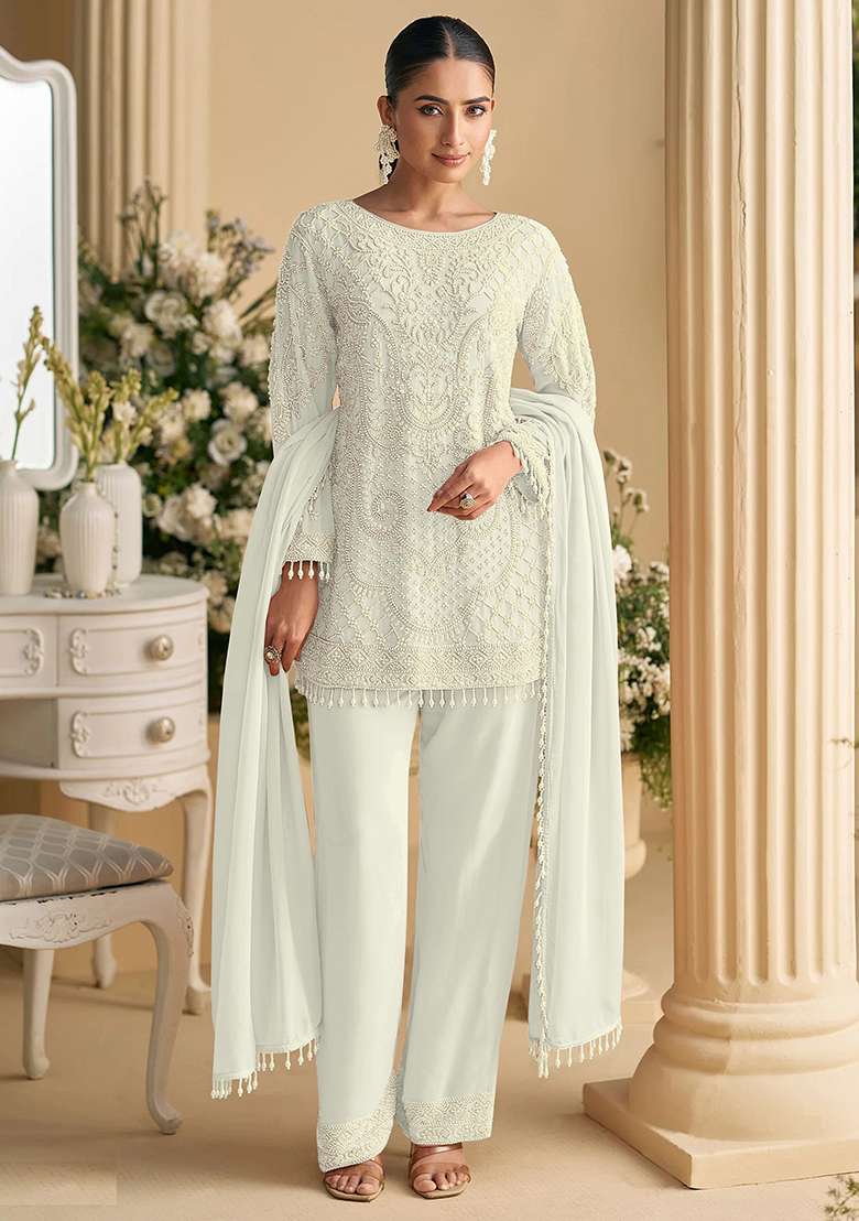 White Chikankari Georgette Pakistani Suit Set - Indya