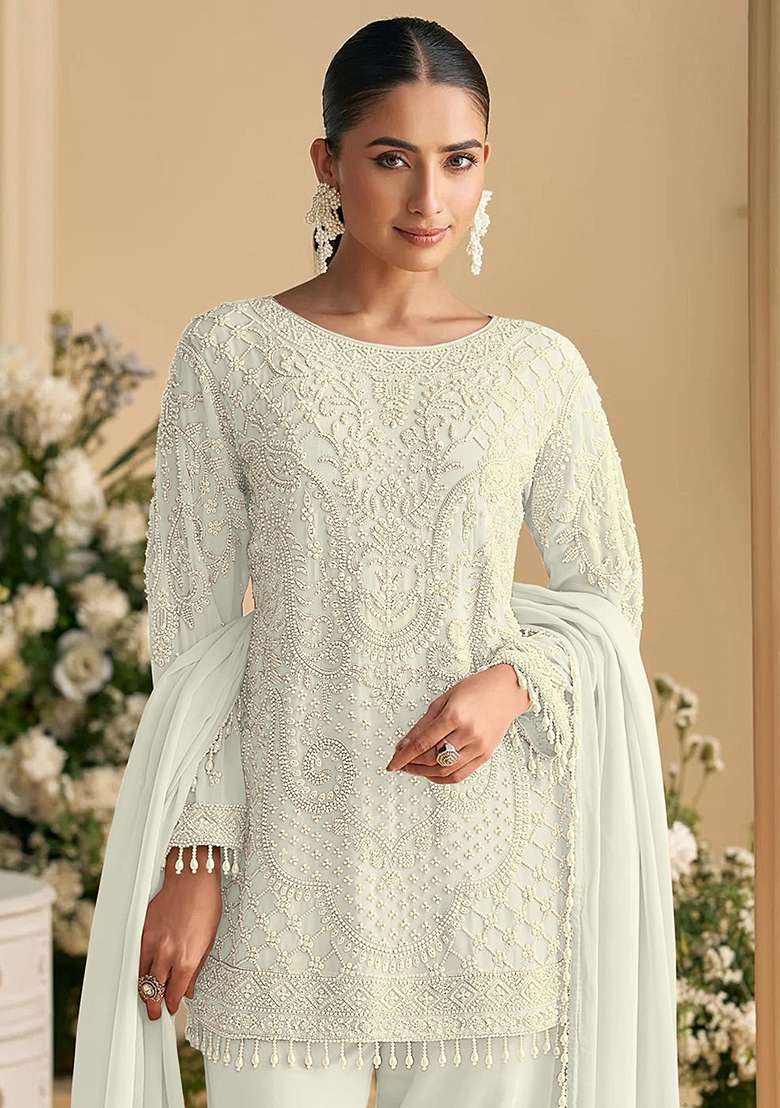 White Chikankari Georgette Pakistani Suit Set - Indya