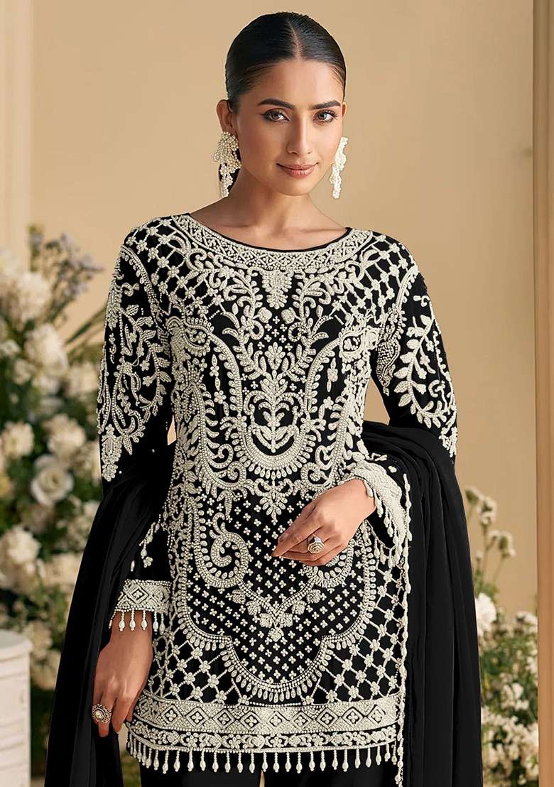Black Embroidered Georgette Pakistani Suit Set - Indya