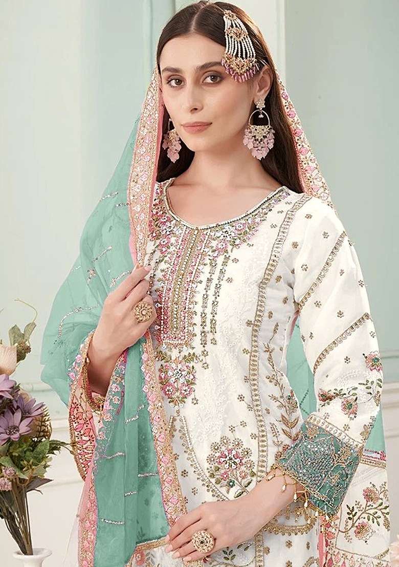 Sky Blue Embroidered Georgette Pakistani Suit Set - Indya