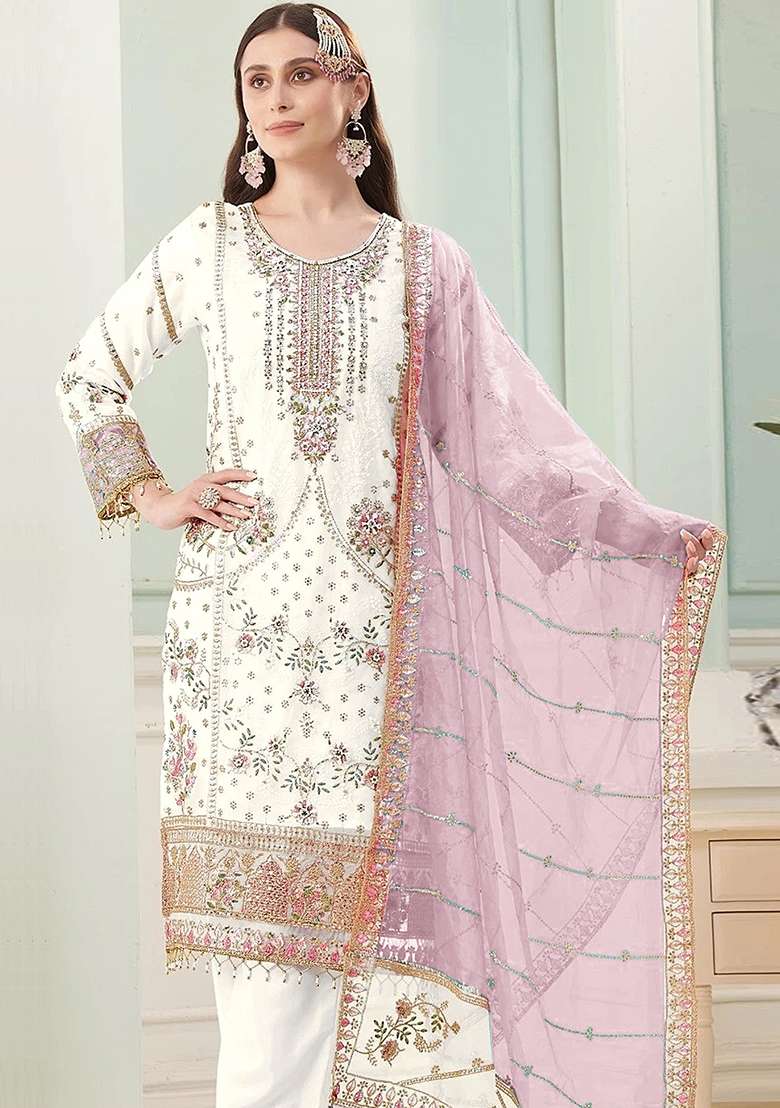 Pink Embroidered Georgette Pakistani Suit Set - Indya