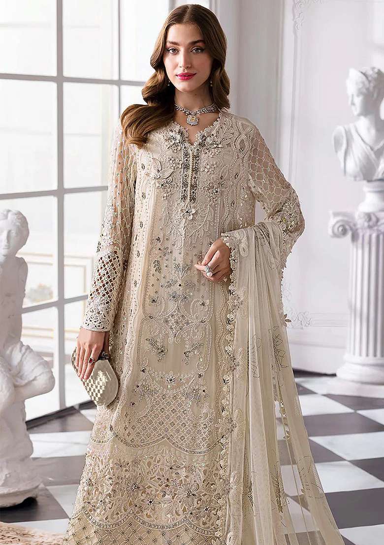 Cream Embroidered Georgette Pakistani Suit Set - Indya