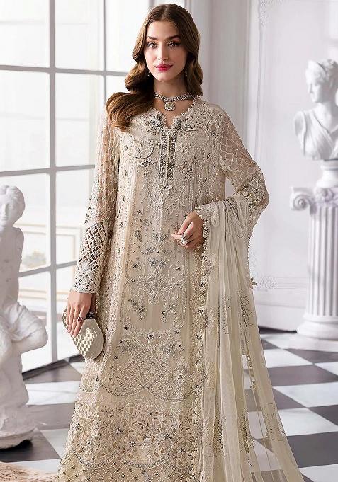 Cream Embroidery Georgette Kurta Set