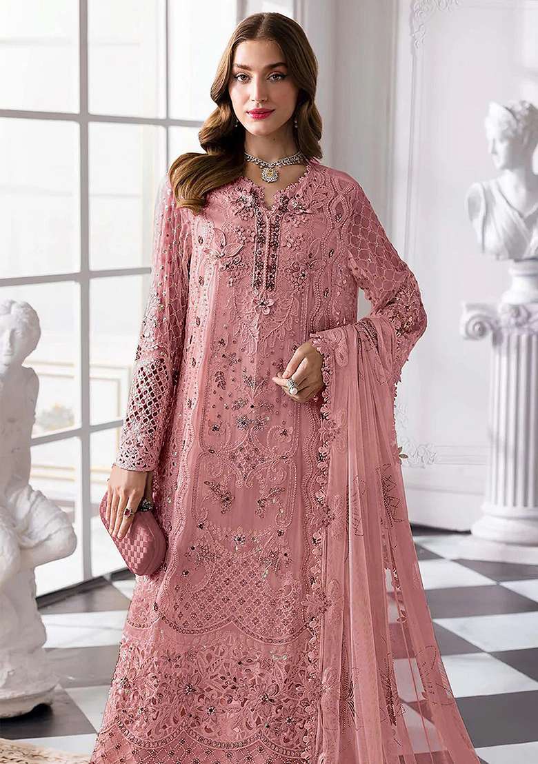 Baby Pink Embroidered Georgette Pakistani Suit Set - Indya