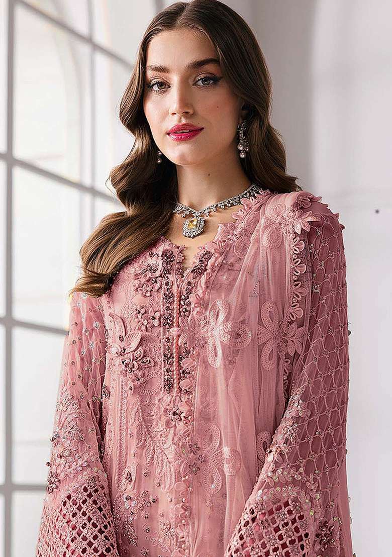Baby Pink Embroidered Georgette Pakistani Suit Set - Indya
