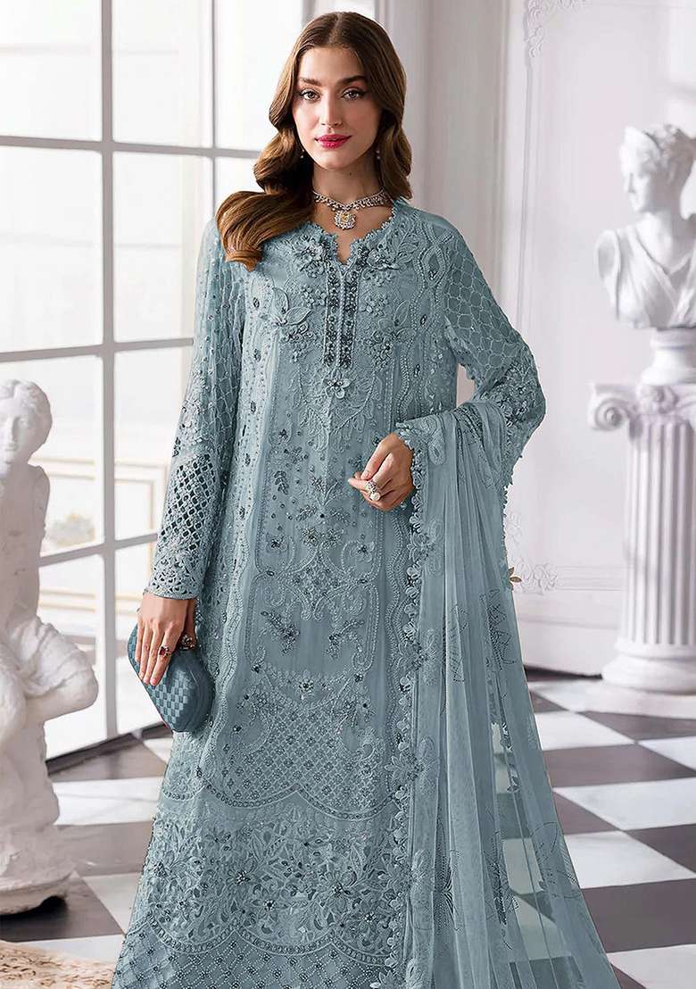 Light Blue Embroidered Georgette Pakistani Suit Set - Indya