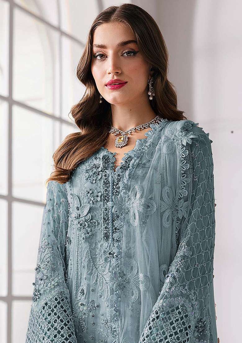 Light Blue Embroidered Georgette Pakistani Suit Set - Indya