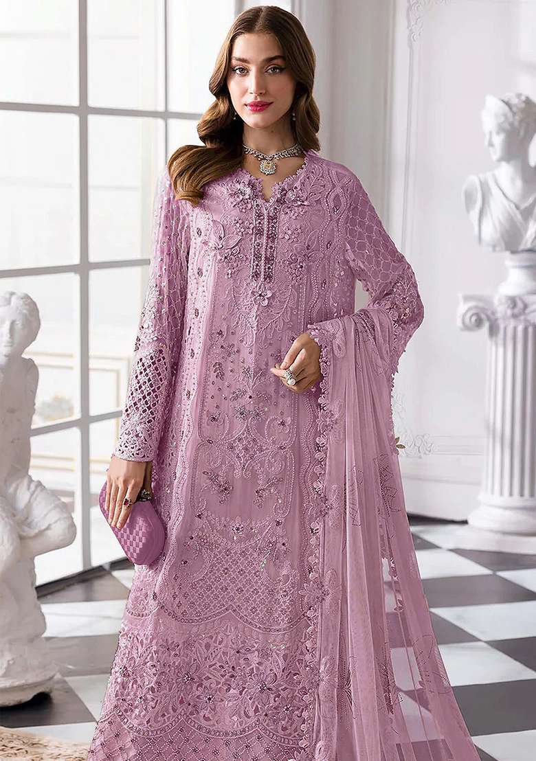 Lavender Embroidered Georgette Pakistani Suit Set - Indya