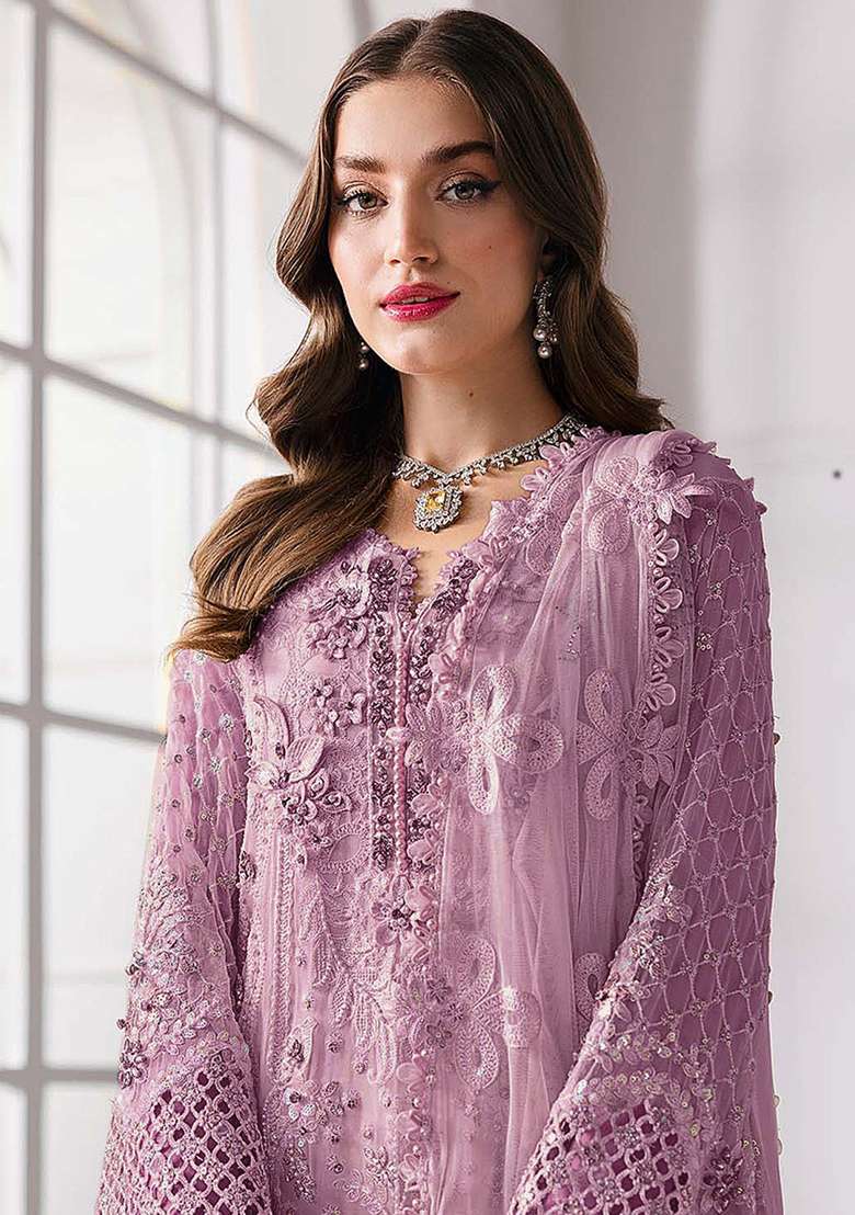 Lavender Embroidered Georgette Pakistani Suit Set - Indya
