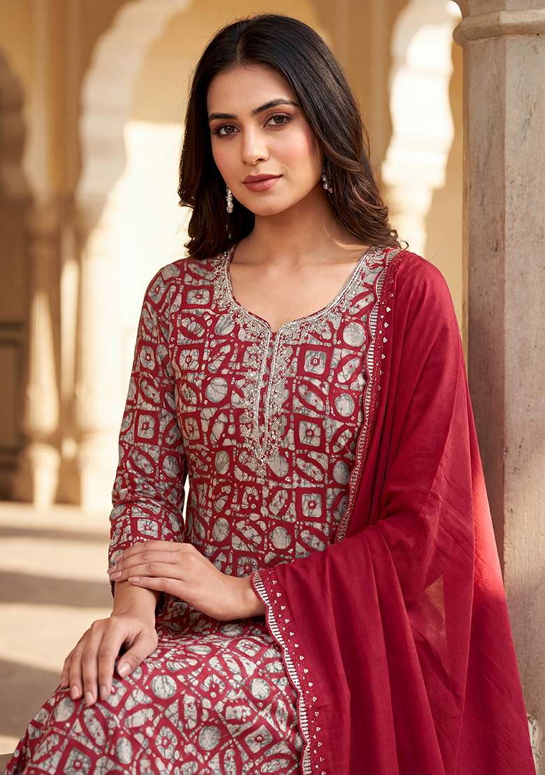 Red Embroidery Silk Kurta Set - Indya
