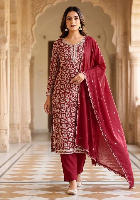 Red Embroidery Silk Kurta Set