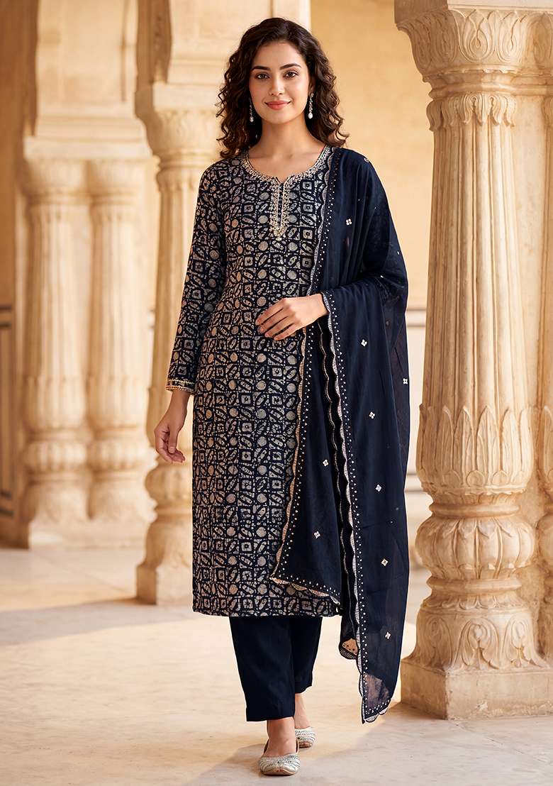 Blue Printed Silk Blend Straight Kurta Set - Indya