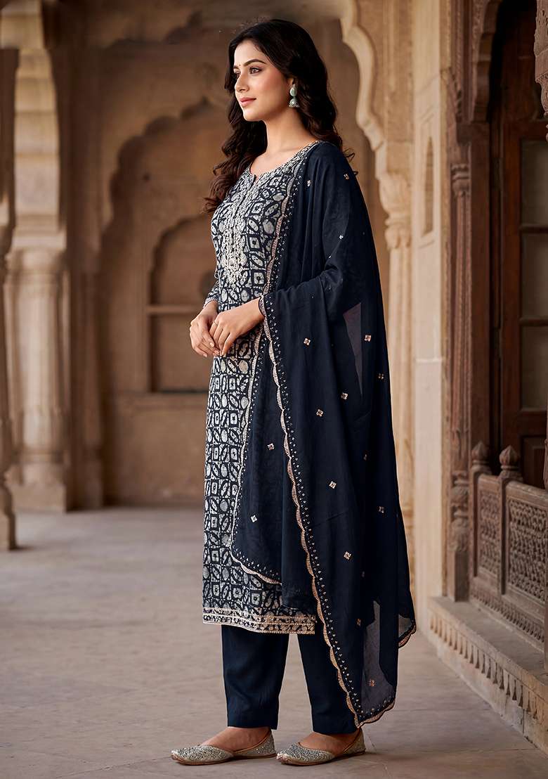 Blue Printed Silk Blend Straight Kurta Set - Indya