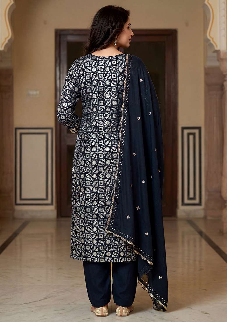 Blue Printed Silk Blend Straight Kurta Set - Indya
