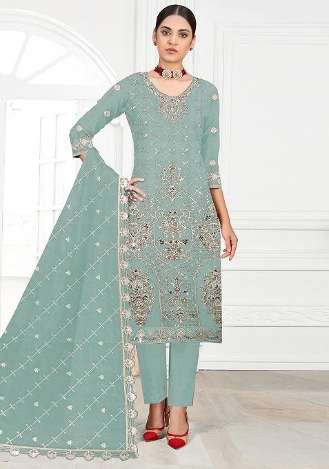 Sky Blue Embroidery Georgette Pakistani Suit Set