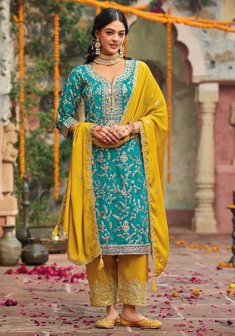 Sky Blue Embroidery Chinon Pakistani Suit Set