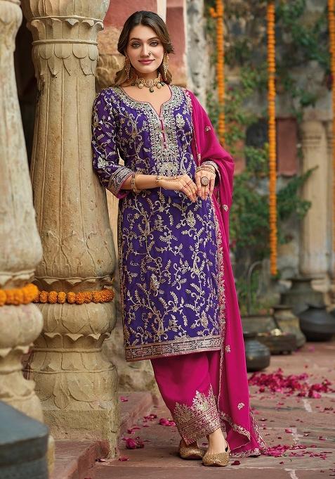 Purple Embroidery Chinon Pakistani Suit Set