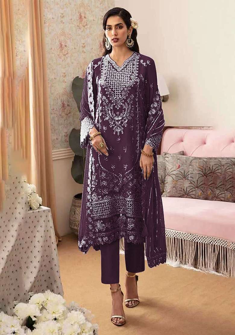 Purple Embroidery Georgette Pakistani Suit Set - Indya
