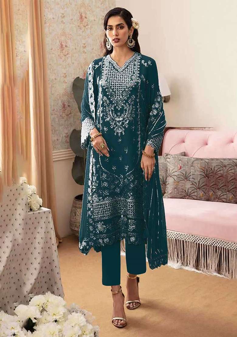 Aqua Blue Embroidery Georgette Pakistani Suit Set - Indya