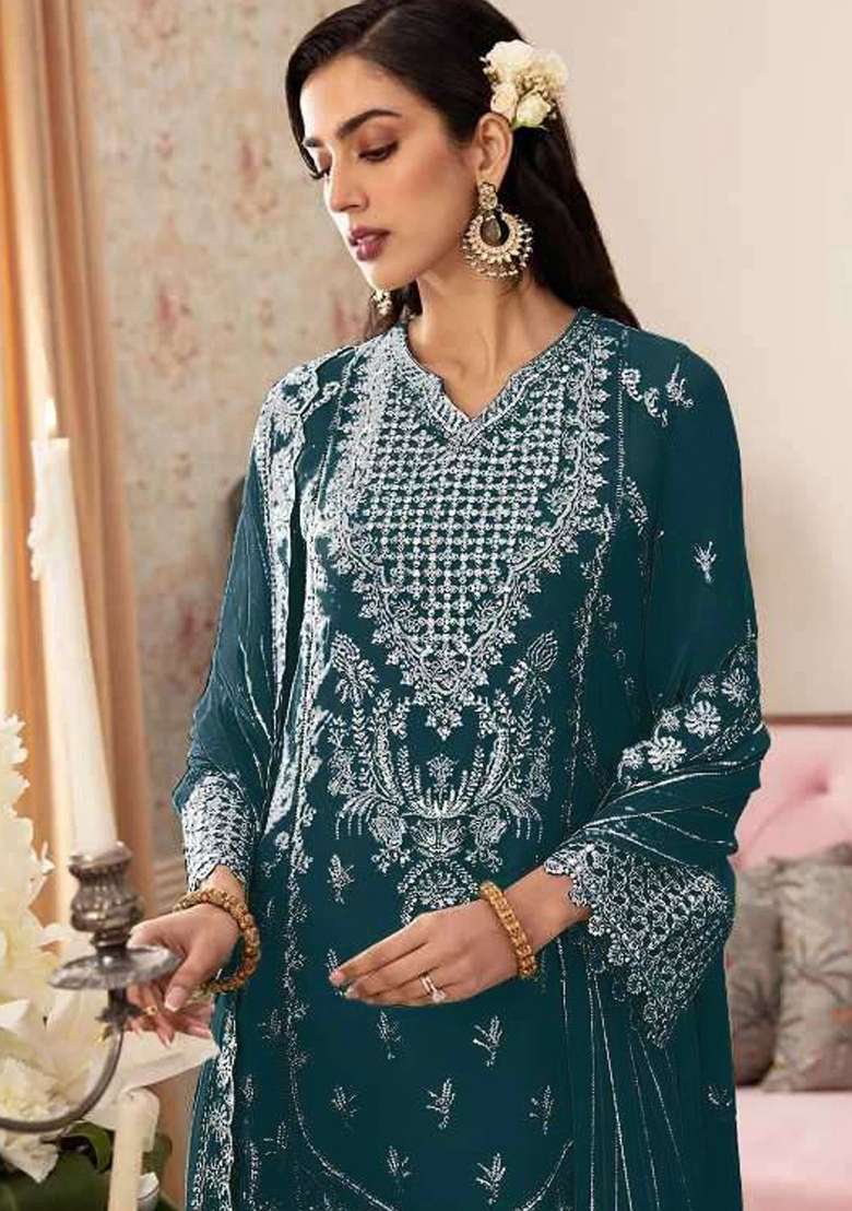 Aqua Blue Embroidery Georgette Pakistani Suit Set - Indya