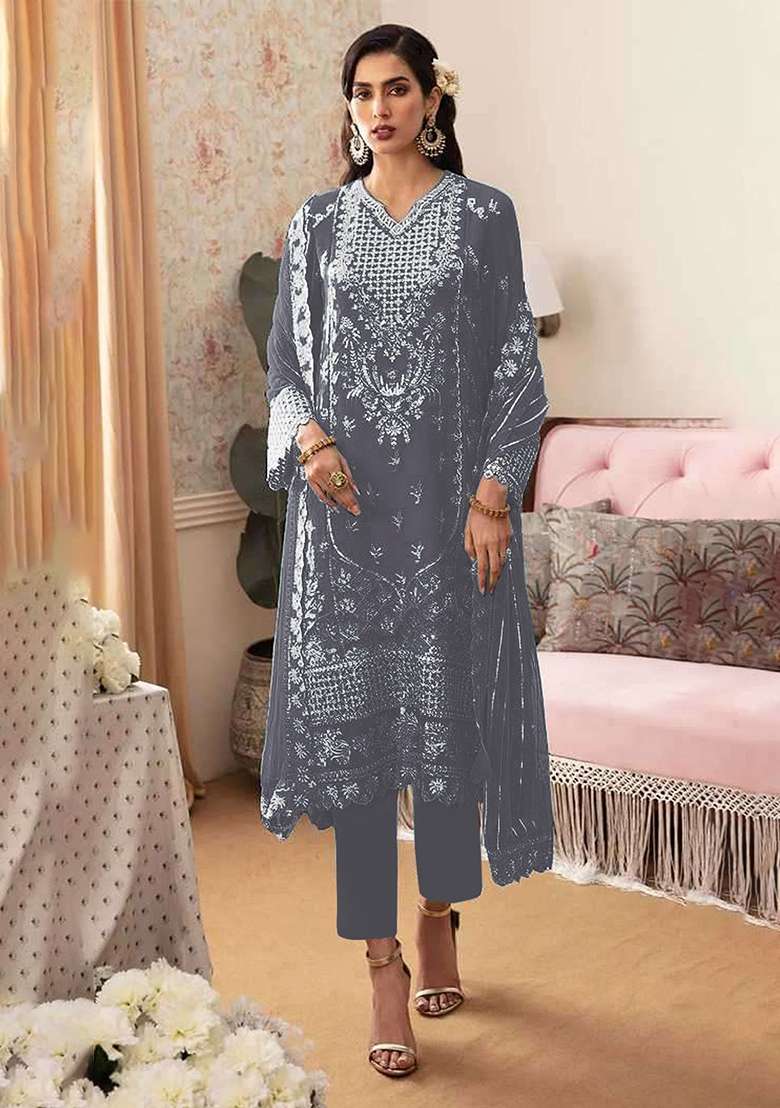 Grey Embroidery Georgette Pakistani Suit Set - Indya