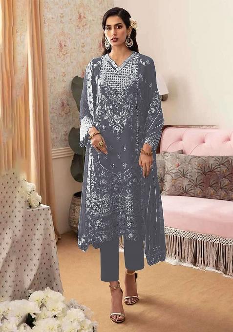 Grey Embroidery Georgette Pakistani Suit Set