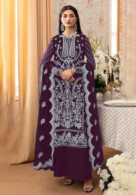 Purple Embroidery Georgette Pakistani Suit Set