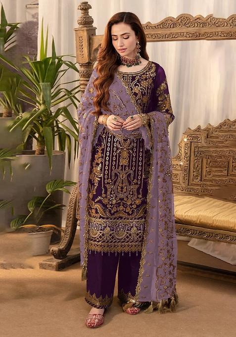 Purple Embroidery Georgette Pakistani Suit Set
