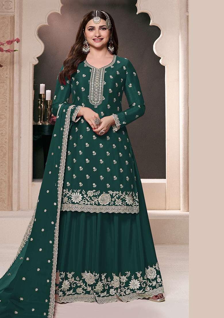 Teal Green Embroidery Chinon Pakistani Suit Set - Indya