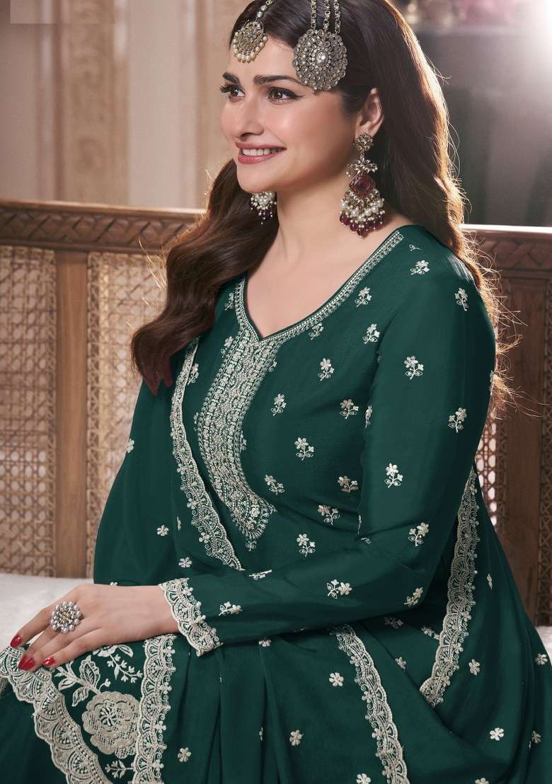 Teal Green Embroidery Chinon Pakistani Suit Set - Indya