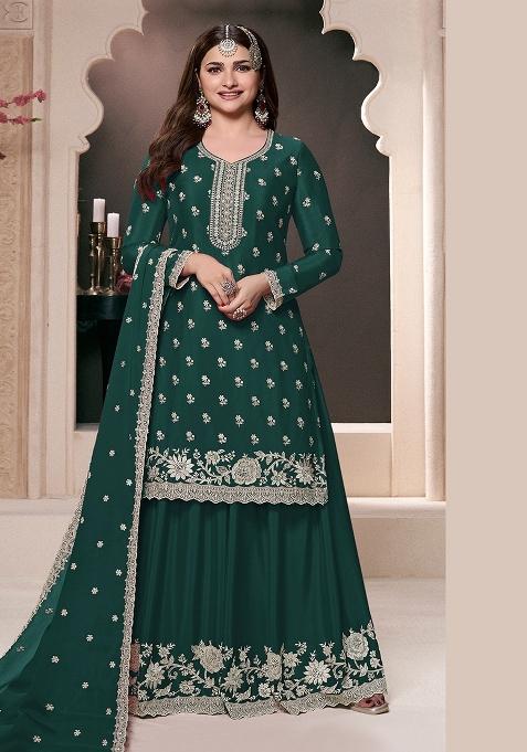 Teal Green Embroidery Chinon Pakistani Suit Set