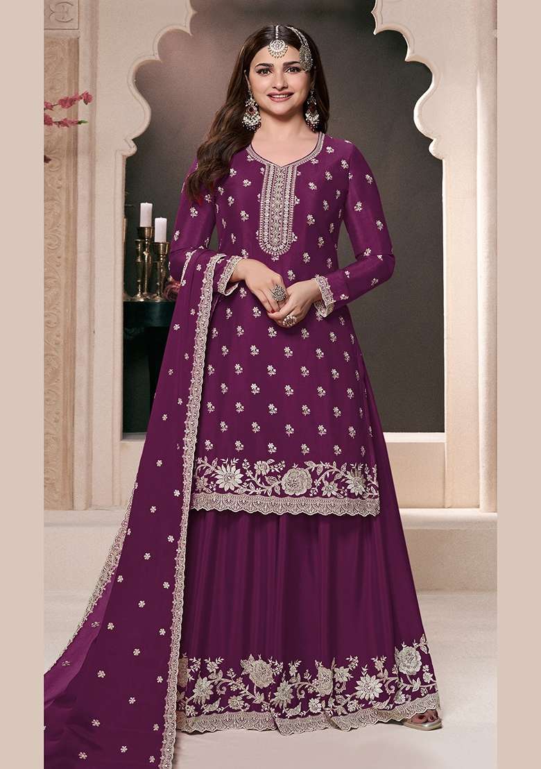 Purple Embroidery Chinon Pakistani Suit Set - Indya