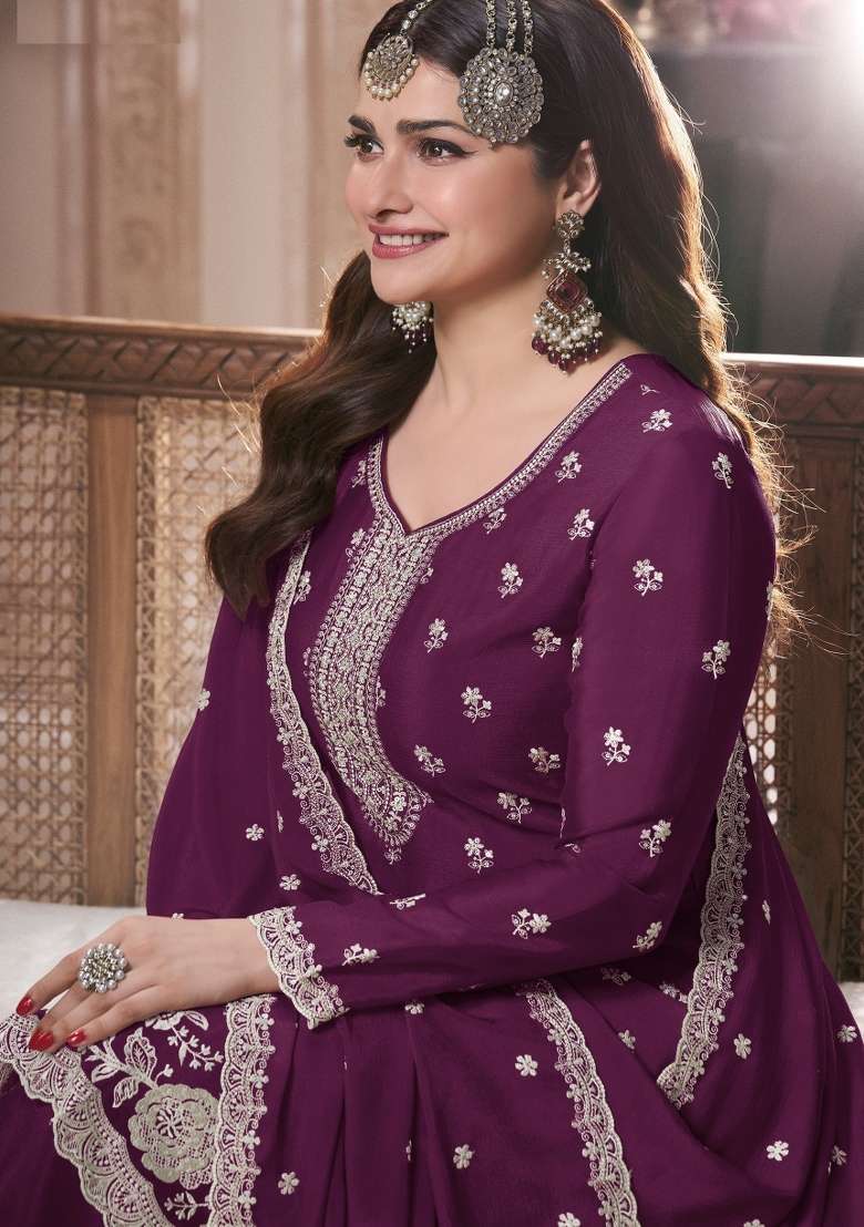 Purple Embroidery Chinon Pakistani Suit Set - Indya