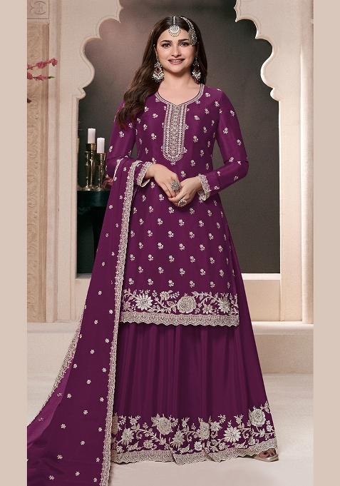 Purple Embroidery Chinon Pakistani Suit Set